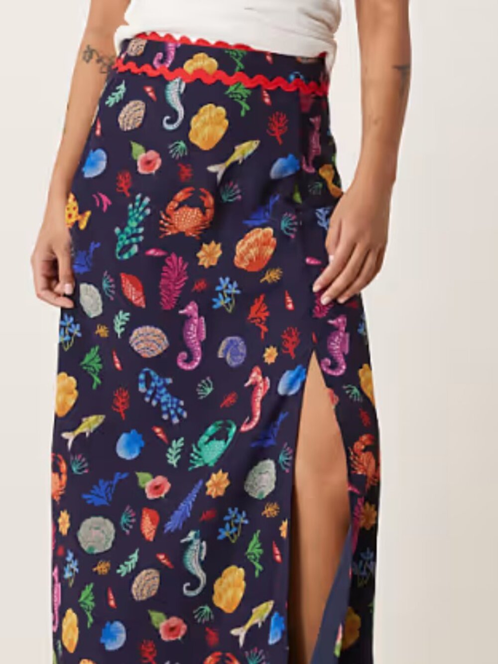 Hope & Ivy Navy Sea Shell Print Thigh Slit Maxi Skirt High Waisted NWT 10
